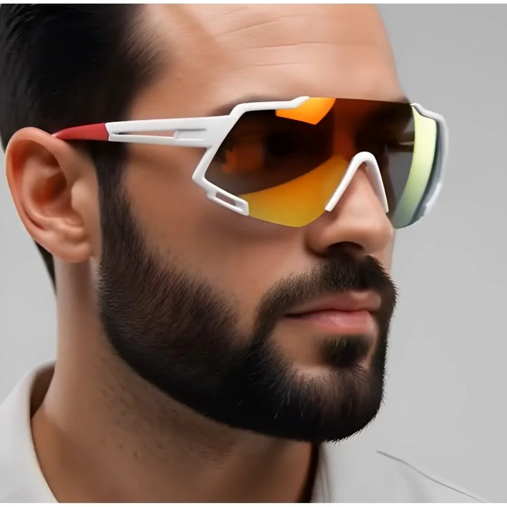 Men Sports Sunglasses White Fire Red Mirror Lens Outdoor Driving Golfing Fishing